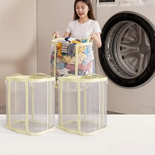 2 x Large Mesh Laundry Baskets Foldable Breathable Laundry Basket Beige