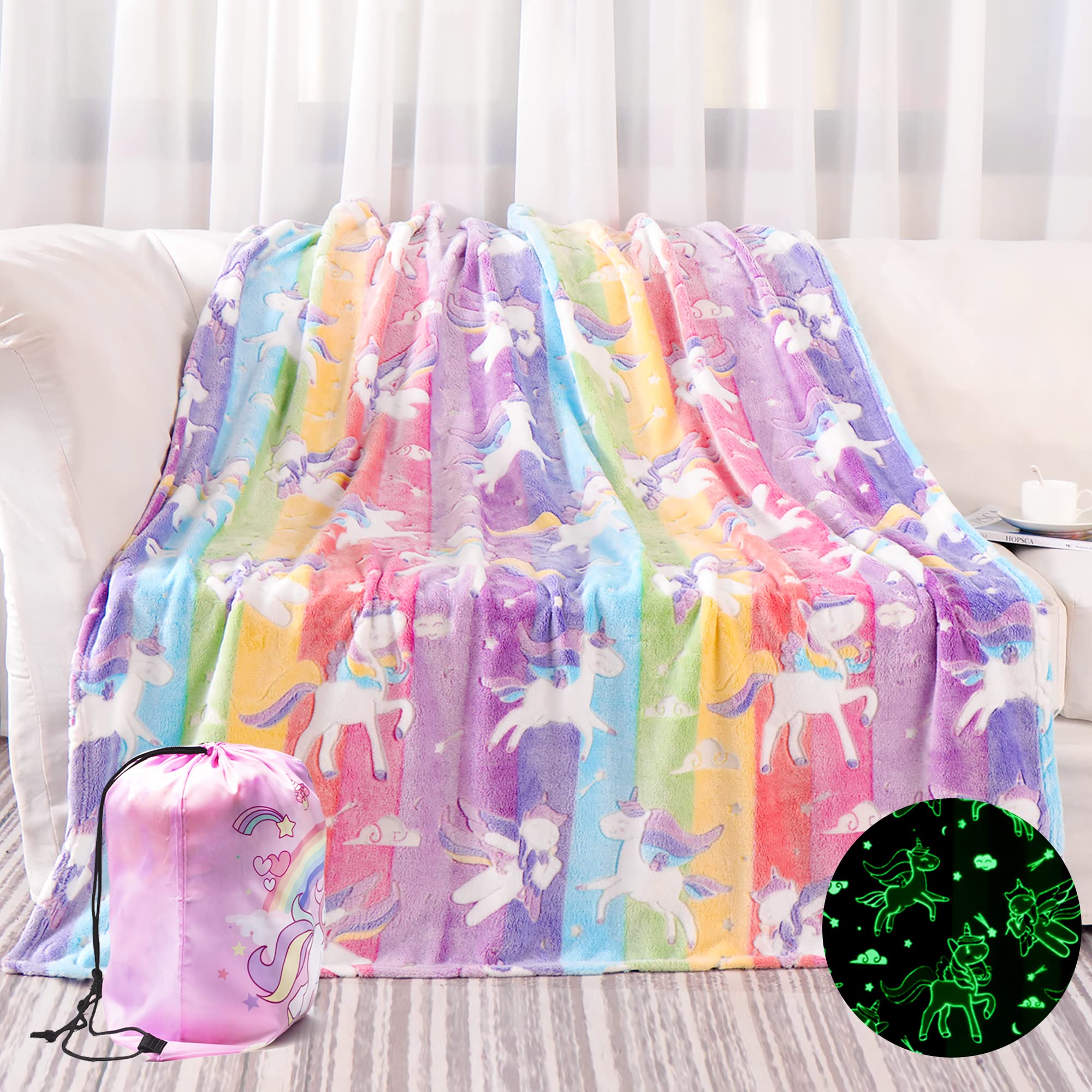 LIFEYJ Glow in The Dark Blanket Unicorns Gifts for Girls, Soft Blanket 3 4 5 6 7