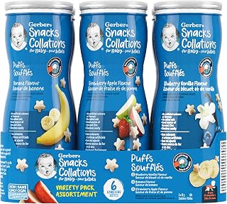 GERBER Puffs, Baby Snacks, Variety Pack, Banana, Strawberry Apple & Blueberry Vanilla, 8 Months & Up, Non-GMO, Good Source of Iron & Zinc, 4g Whole Grains, 6 Count, 252 g