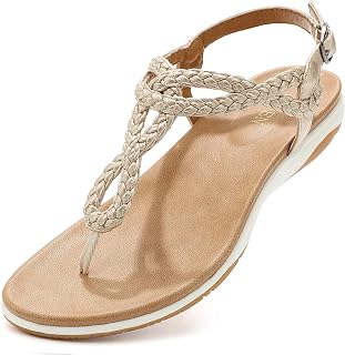 UBFEN Sandali piatti da donna intrecciati con cinturino a T, con supporto per arco plantare, comodi per camminare