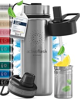 Active Flask Thermal Water Bottle + Straw (3 Stoppers) BPA-Free – 1L & 500 ml | Stainless Steel Thermos Flask + Vacuum Insulation | Insulated Bicycle Sports Bottle Hot Cold Coffee Tea