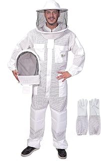 USKEEPERS 3-Layer Ultra Ventilated Sting Proof Bee Suit for Men & Women – Premium Beekeeping Suit with Bee Gloves & Two Detachable Beekeeping Veils (White XL)