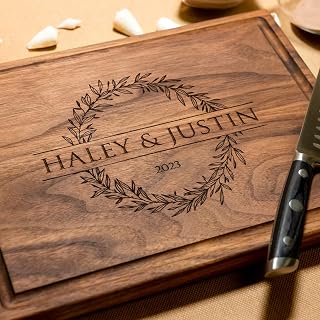 Walnut Artisan Personalized Cutting Boards, Family Name, Custom Wedding, Anniversary or Housewarming Gift Idea, Wood Engraved Charcuterie Board for Couples or Newlyweds, Wreath Design