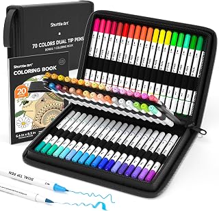 Shuttle Art Dual Tip Brush Pens Art Markers, 70 Colors Fine and Brush Dual Tip Markers Set in Portable Case with 1 Coloring Book for Adult Artist Coloring Calligraphy Journal Doodling Writing