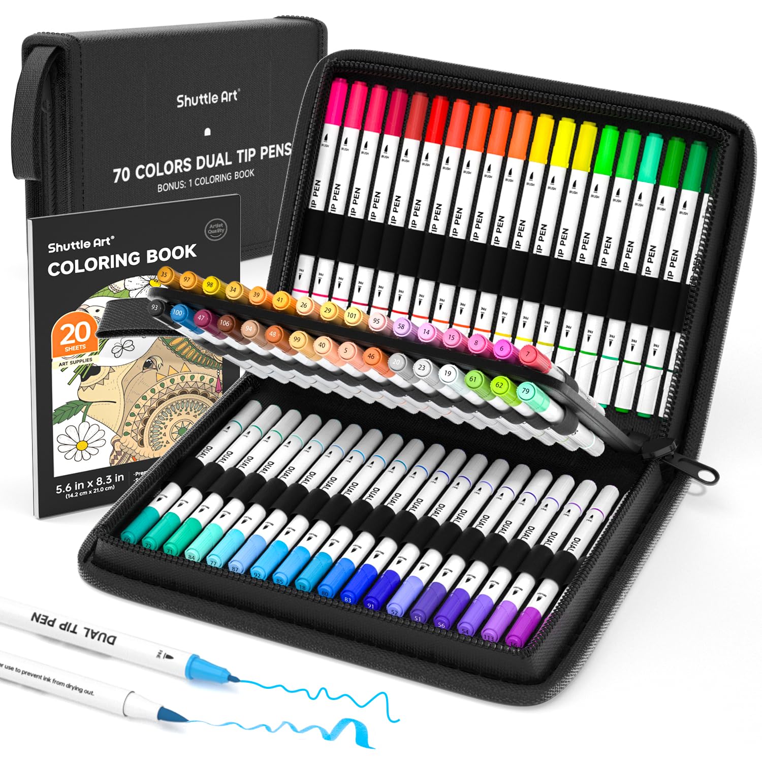 Shuttle Art Dual Tip Brush Pens Art Markers, 70 Colors Fine and Brush Dual Tip M