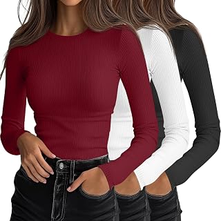 Ficerd 3 Pack Women's Ribbed Long Sleeve Shirts Fitted Tops