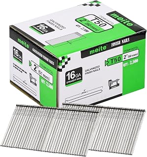 meite 16 Gauge Finish Nails 2 Inch Galvanized Straight T-Nails 2,500 PCS | for 16GA Pneumatic Cordless Finish Nailers Gun, Corrosion-Resistant for Softwoods Hardwoods, Interior Molding Trim Carpentry
