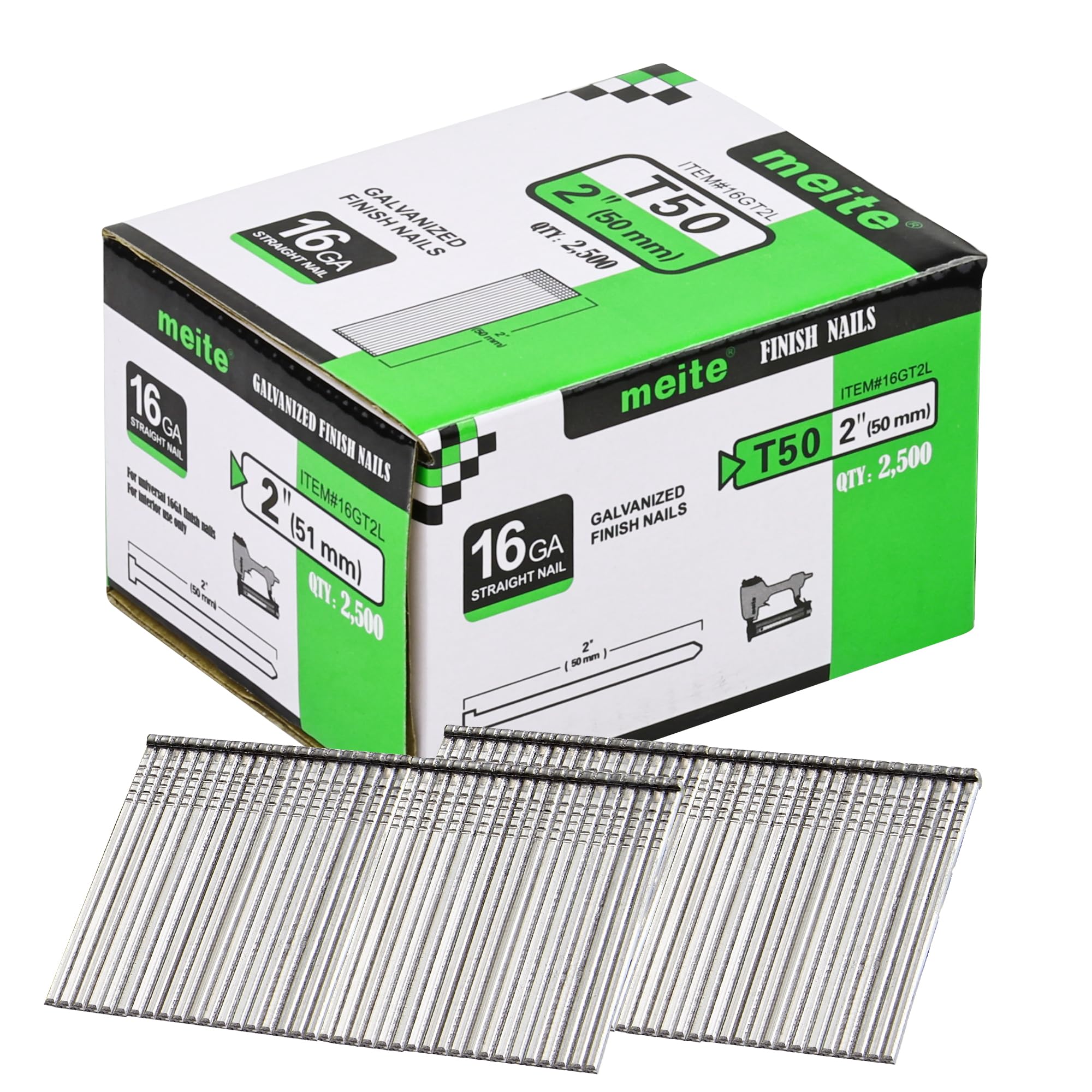 meite 16 Gauge Finish Nails 2 Inch Galvanized Straight T-Nails 2,500 PCS | for 1