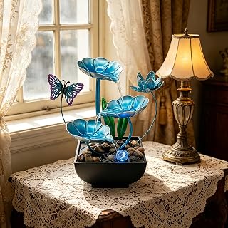 YMZGOUWU Tabletop Fountain,Indoor Water Fountain,Home Fengshui Décor Zen Relaxation Soothing Sound Machine for Office,Living Room,or Bedroom,Blue Lotus & Butterfly,River Rocks,9.1inch