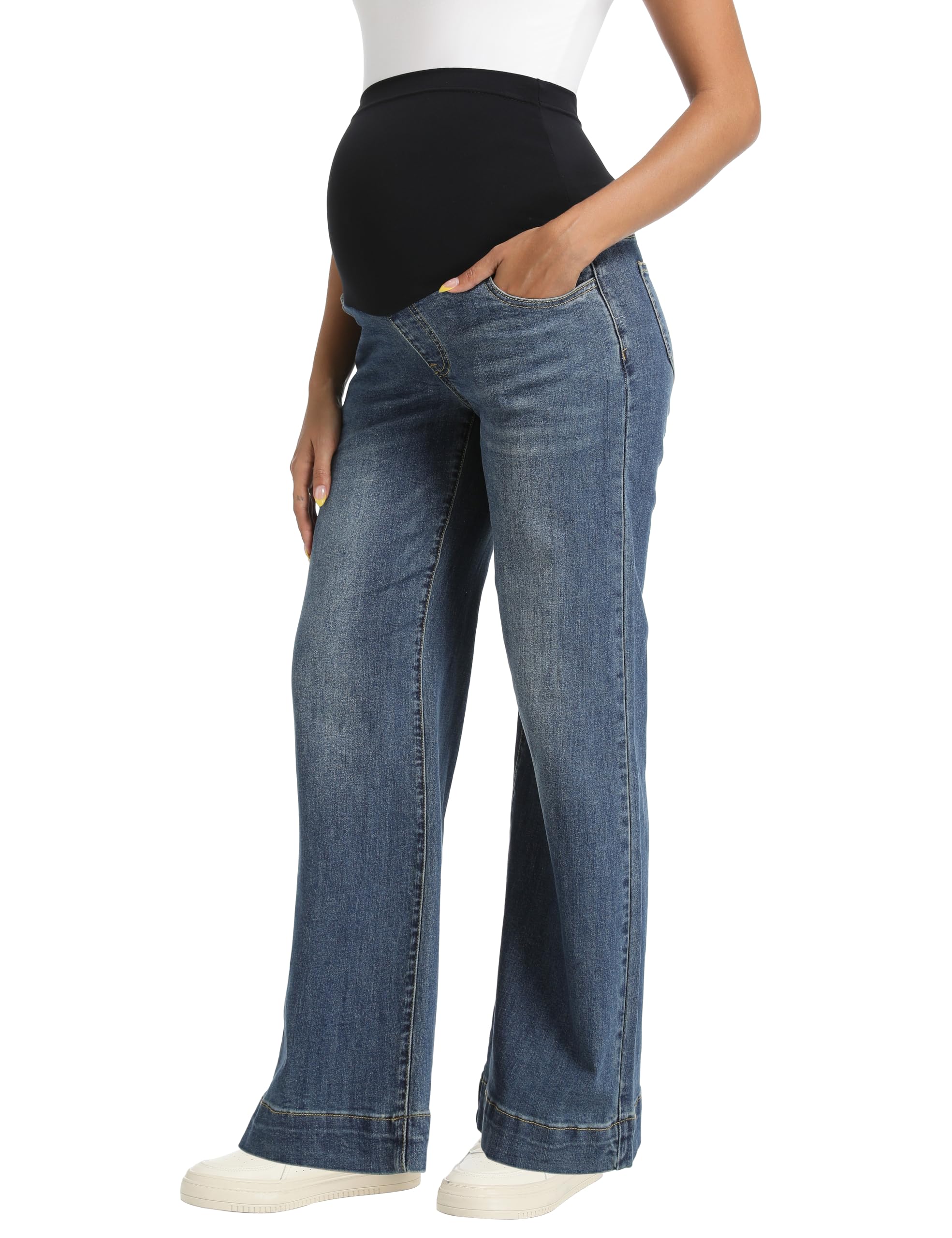 Foucome Women's Maternity Jeans Wide Leg | Over Bump, Stretchy, Baggy Pregnancy 