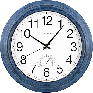 VIKMARI 12" Indigo Waterproof Outdoor Wall Clock Silent Thermometer