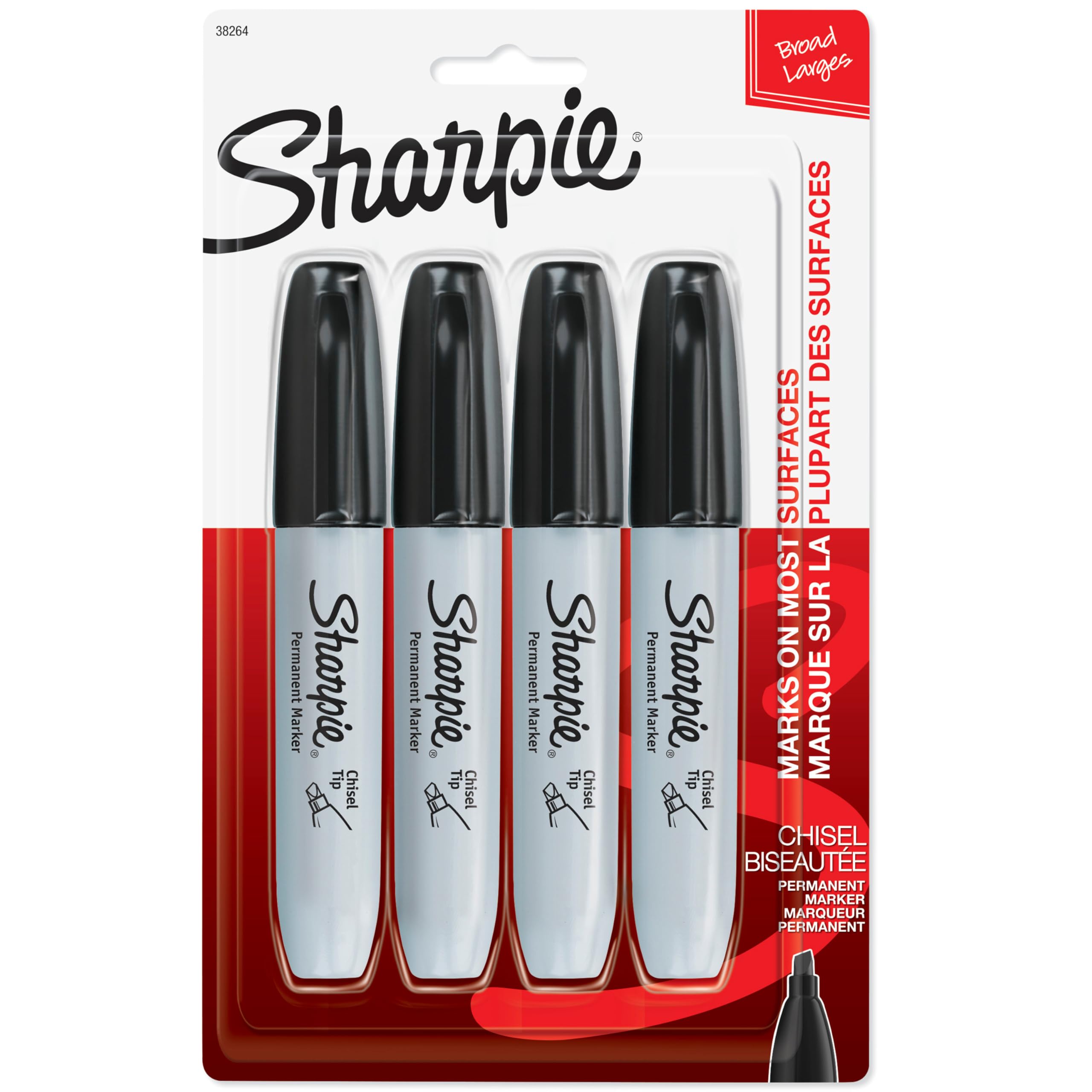 Sharpie Permanent Markers, Large, Chisel Tip, Black, 4 Count - Marks on Paper, P
