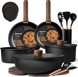 CAROTE 21pcs Pots and Pans Set Non Stick, Detachable Handle Cookware, Black | Induction Compatible, Dishwasher & Oven Safe, Space Saving, for Camping/RV/Traveling, Kitchen Cooking Set, House Warming Gift