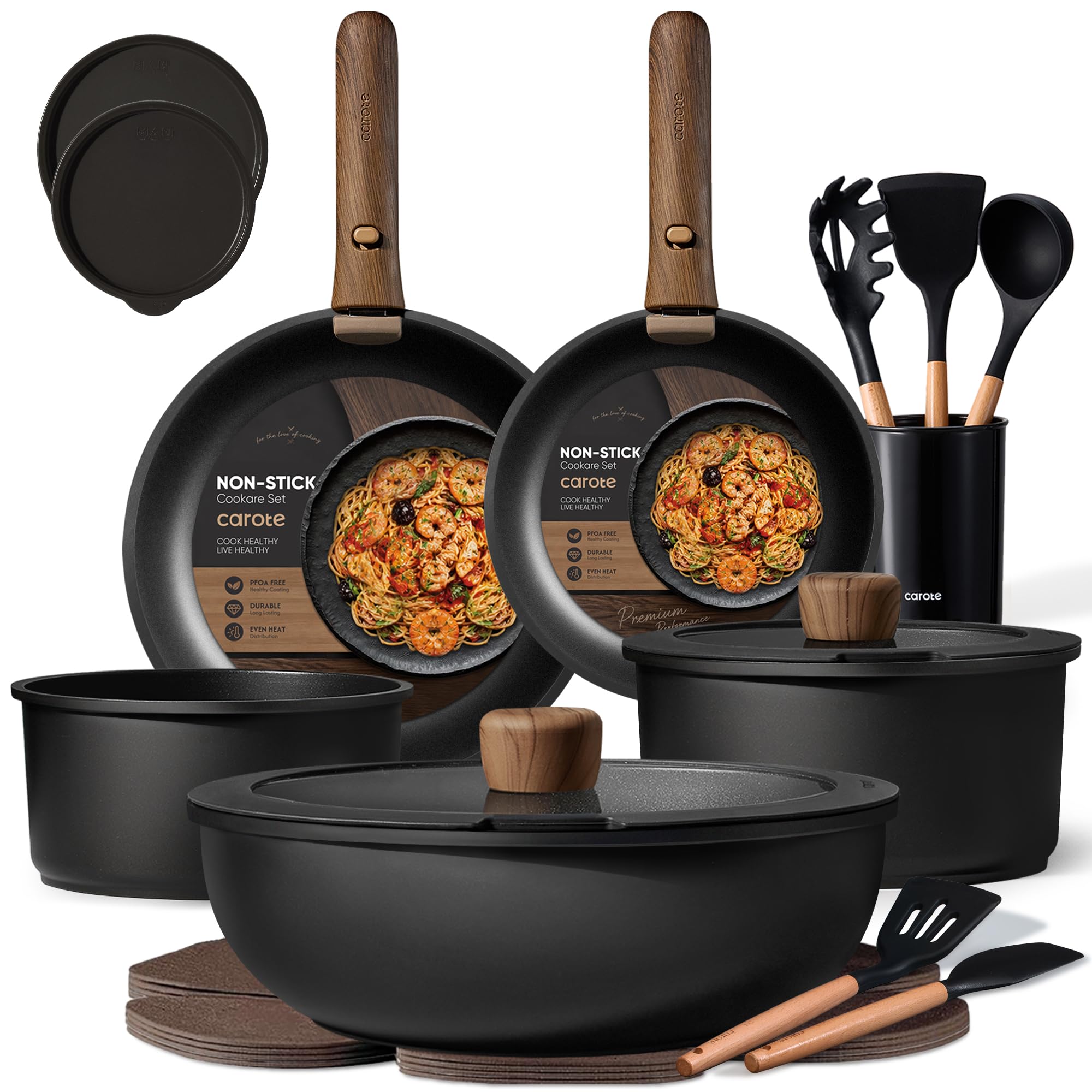 CAROTE 21pcs Pots and Pans Set Non Stick, Detachable Handle Cookware, Black | In