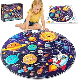 UNGLINGA 70 Piece Solar System Floor Puzzles for Kids Ages 3-5 4-6 6-8 | Round, Large Space Planet Jigsaw, Educational, Preschool Learning Toy, Gift for Girls Boys
