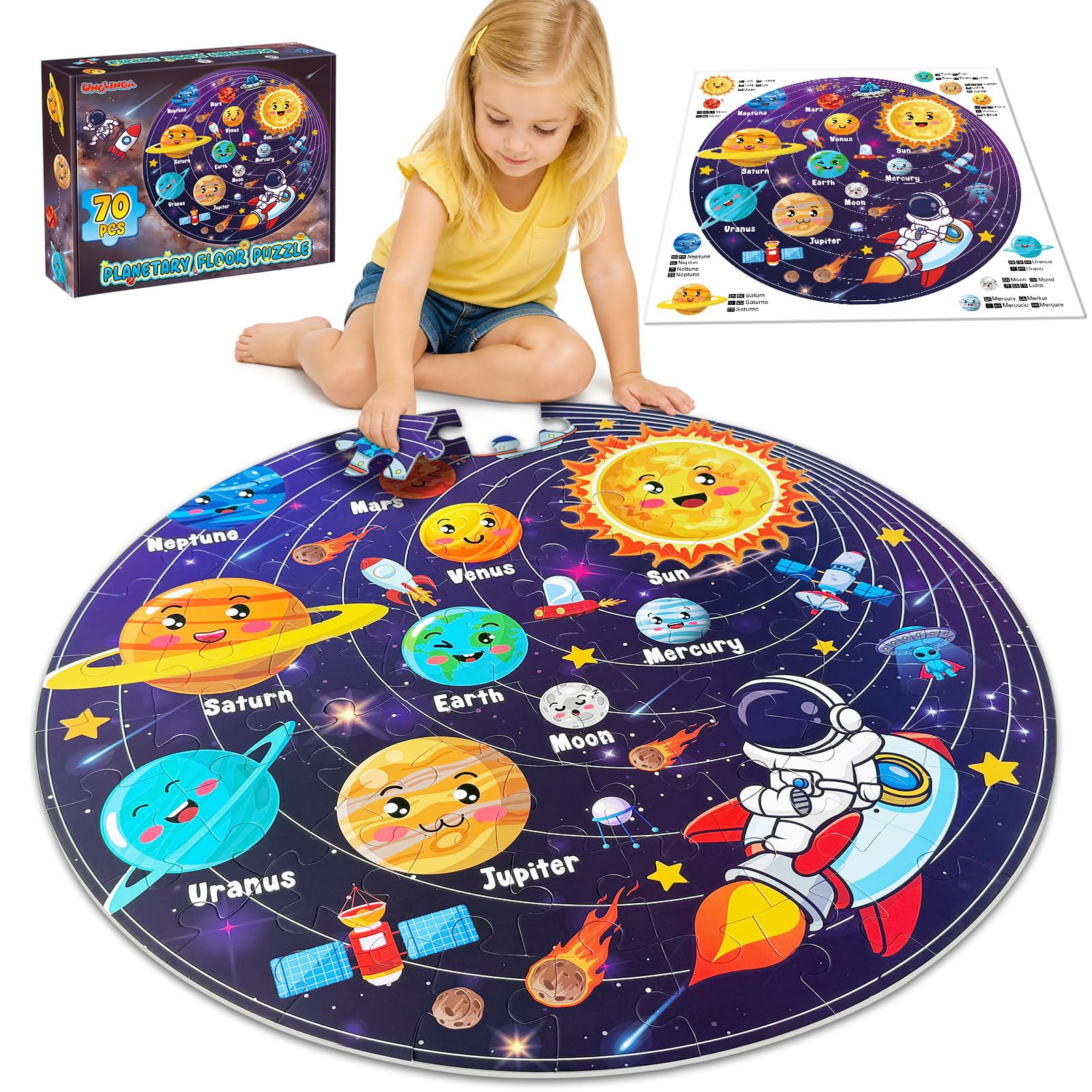 UNGLINGA 70 Piece Solar System Floor Puzzles for Kids Ages 3-5 4-6 6-8 | Round, 
