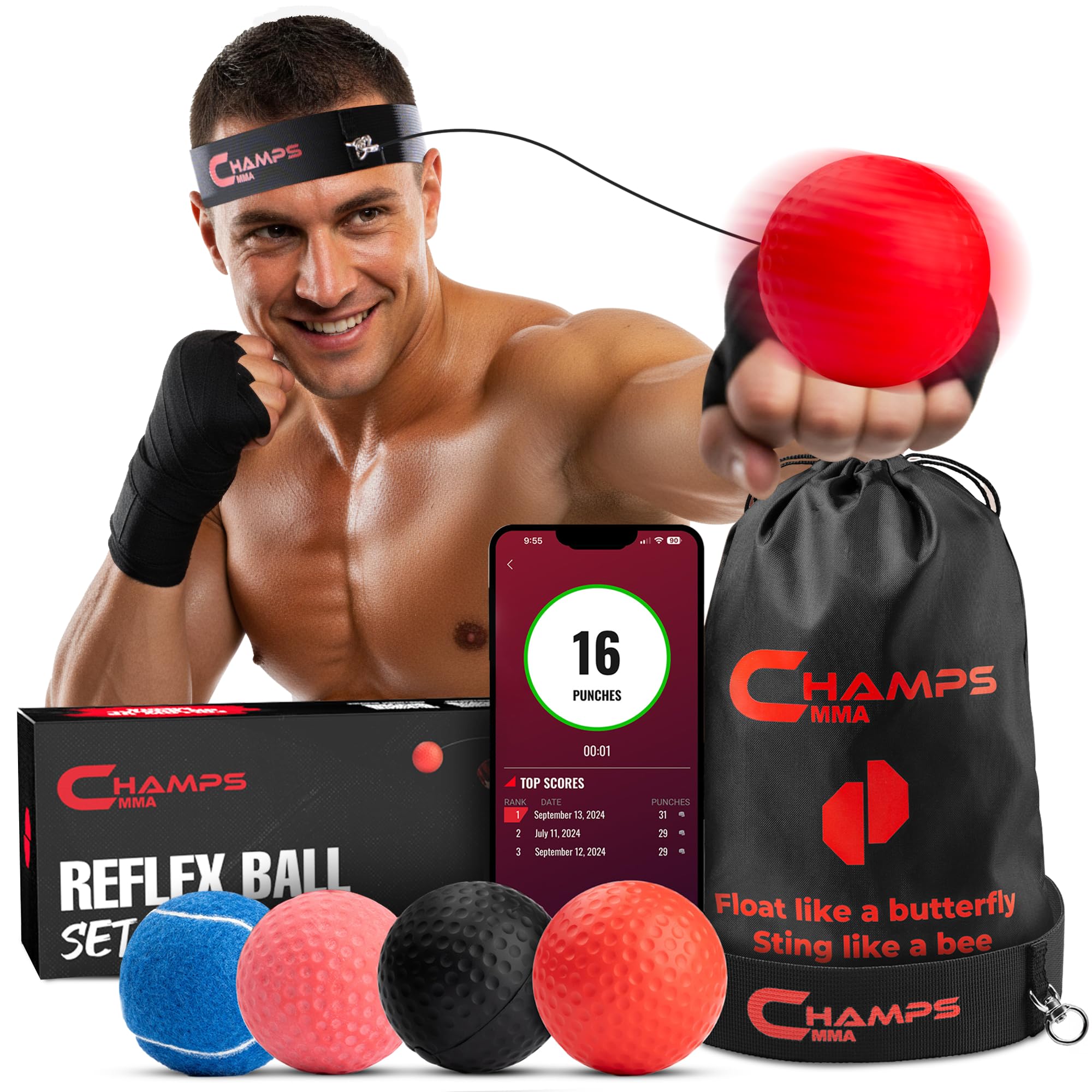 Champs MMA Boxing Reflex Ball Set with Punch Counter App – Hand-Eye Coordination