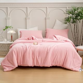 Blush Light Pink Comforter Set Queen, Super Soft Washed Polycotton Fabric, Cozy Comfy Down Alternative Bedding Blanket Comforter Set and Pillowcase Lightweight but Warm for Women All Seasons