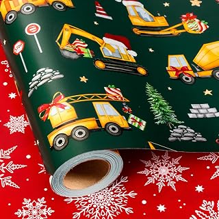 Burymento Green Christmas Wrapping Paper for Kids, Funny Construction Trucks Christmas Wrapping Paper, Reversible Red Snowflakes Xmas Gift Wrap for Holiday, Present Packaging (17 Inch X 32.8 Feet)