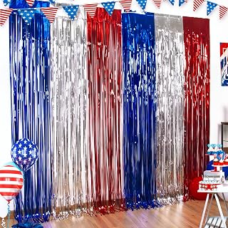 LOLStar 4th of July Decorations Red White Blue Foil Fringe Curtains, 3 Pack