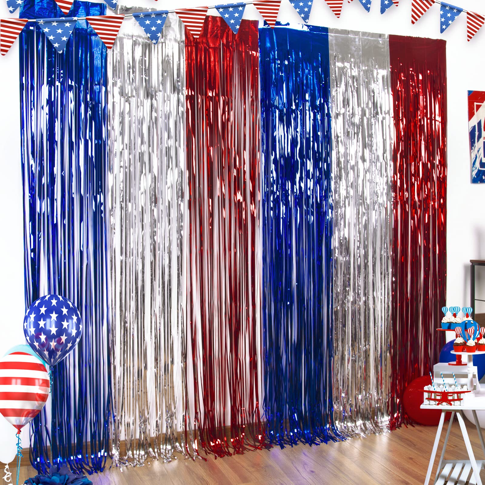 LOLStar 4th of July Decorations Red White Blue Foil Fringe Curtains, 3 Pack