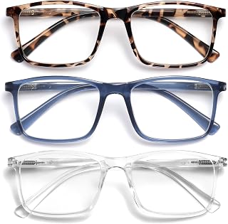 OPULIZE INK Reading Glasses for Women Men, Large Rectangular Frame with Spring Hinges & Scratch Resistant, Brown Tortoiseshell Blue Clear, +2.5(Pack of 3)