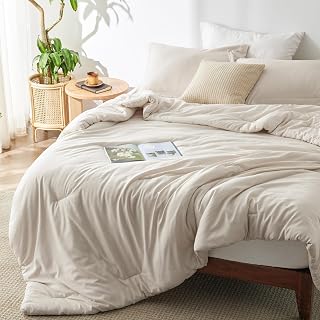 Bedsure Queen Size Comforter Sets, Beige Cationic Dyed Bedding Set 3 Pcs | Breathable, Comfortable for All Season, Skin-Friendly, Melange, Fall Bed Set, Home Decor Gift, Cozy for Bedroom, OEKO, Modern