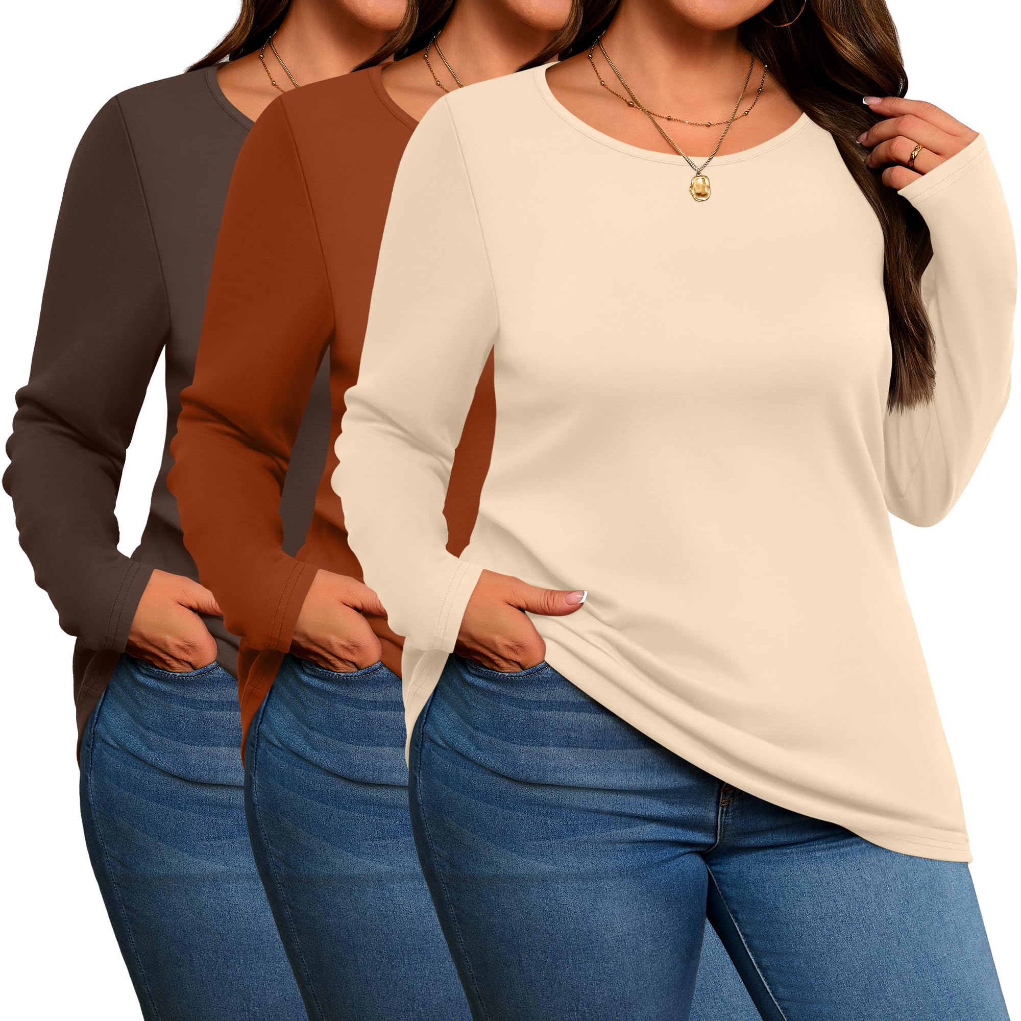 Evervibe 3 Pack Women's Plus Size Cotton Shirts Long Sleeve Tops
