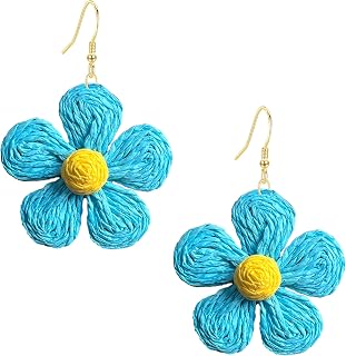 Rattan Earrings for Women Statement Boho Raffia Straw Wrapped Flower Drop Dangle Earrings Summer Tropical Beach Jewelry