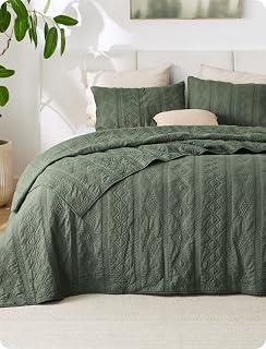 Bedsure PureWoven 100% Cotton Quilt Set, King Bedspread, Olive Green | Lightweight Breathable Coverlet & 2 Pillow Shams, 3-Piece Geometric Bedding Set, All-Season, Machine Washable, 106x96 in