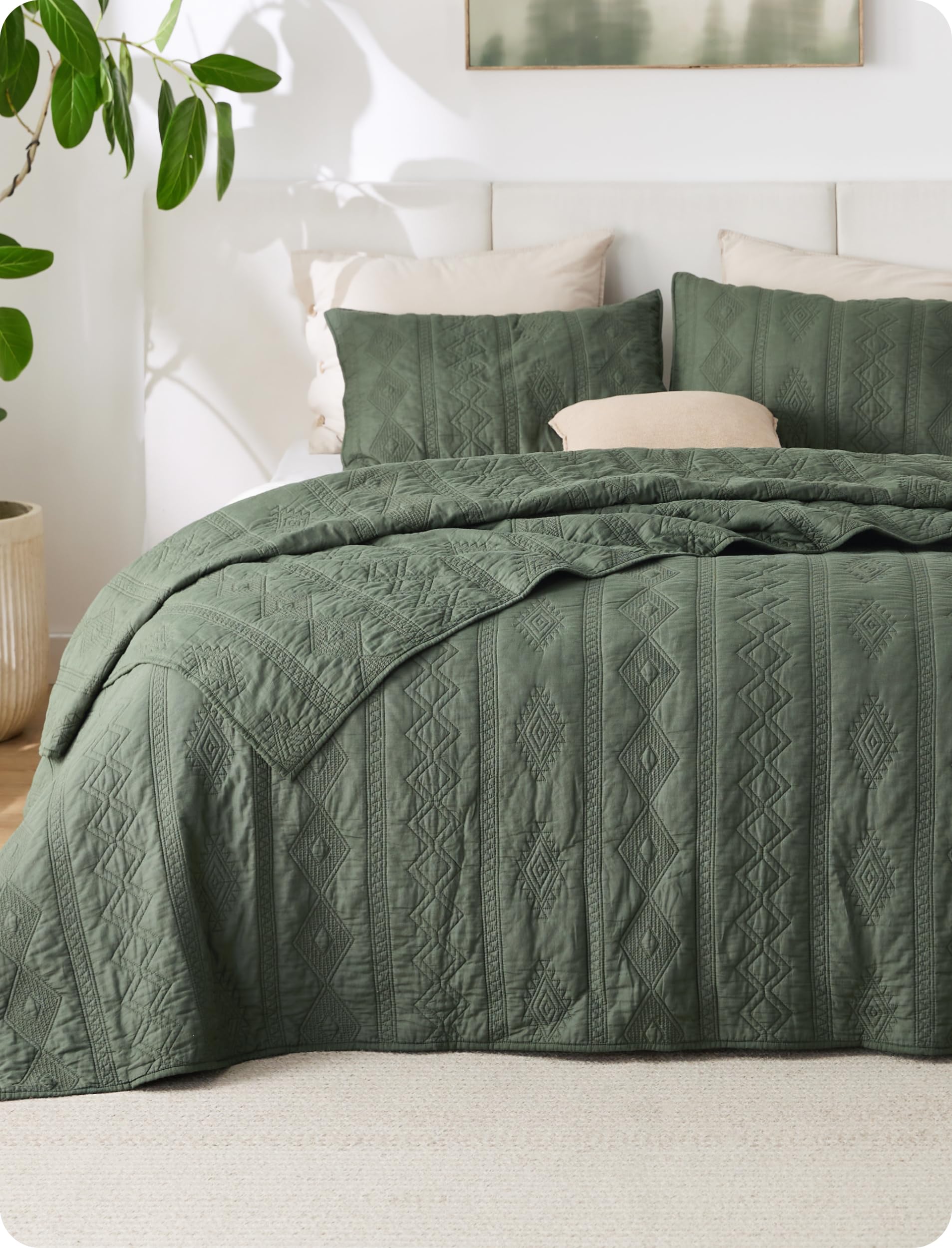 Bedsure PureWoven 100% Cotton Quilt Set, King Bedspread, Olive Green | Lightweig