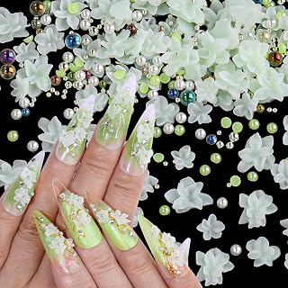 3D Flower Nail Charms for Nail Art,3D Flowers for Nails with Round Peals and Bubble Beads,Cute Resin Nail Art Charms for Nails DIY (Flowers-Green)
