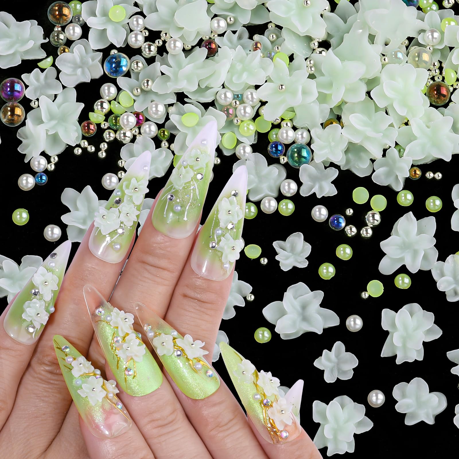 3D Flower Nail Charms for Nail Art,3D Flowers for Nails with Round Peals and Bub