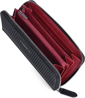 VISOUL Leather Long Zipper Cash Wallets for Men with RFID Blocking Two-Tone, Carbon Fiber Large Clutch Money Purse (Black+Burgundy)