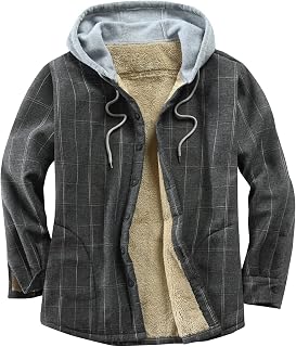 Mens Plaid Cotton Shirts Fleece Lined Jacket Flannel Shirts Sherpa Button Down Hooded Jackets For Men