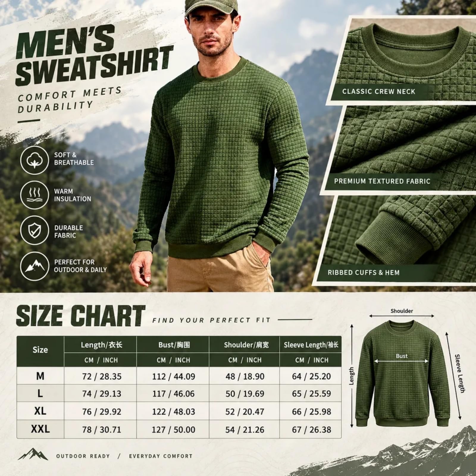 Men's Waffle Knit Crew Neck Pullover - Fashion Textured Pullover with Ribbed Edg