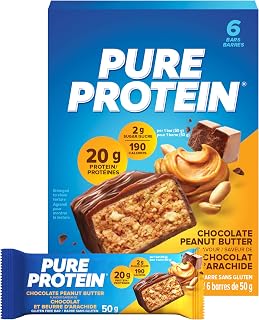 Pure Protein Bars - Nutritious, Gluten Free bar, made with Whey protein blend - low sugar snack. Deliciously satisfying. Made in Canada, Chocolate Peanut Butter (Pack of 6)