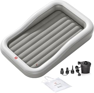 QPAU Inflatable Toddler Travel Bed with 3-Sided, Extra Large, Gray | Portable Kids Air Mattress with 3 Sided for Camping, Travel and Home Use
