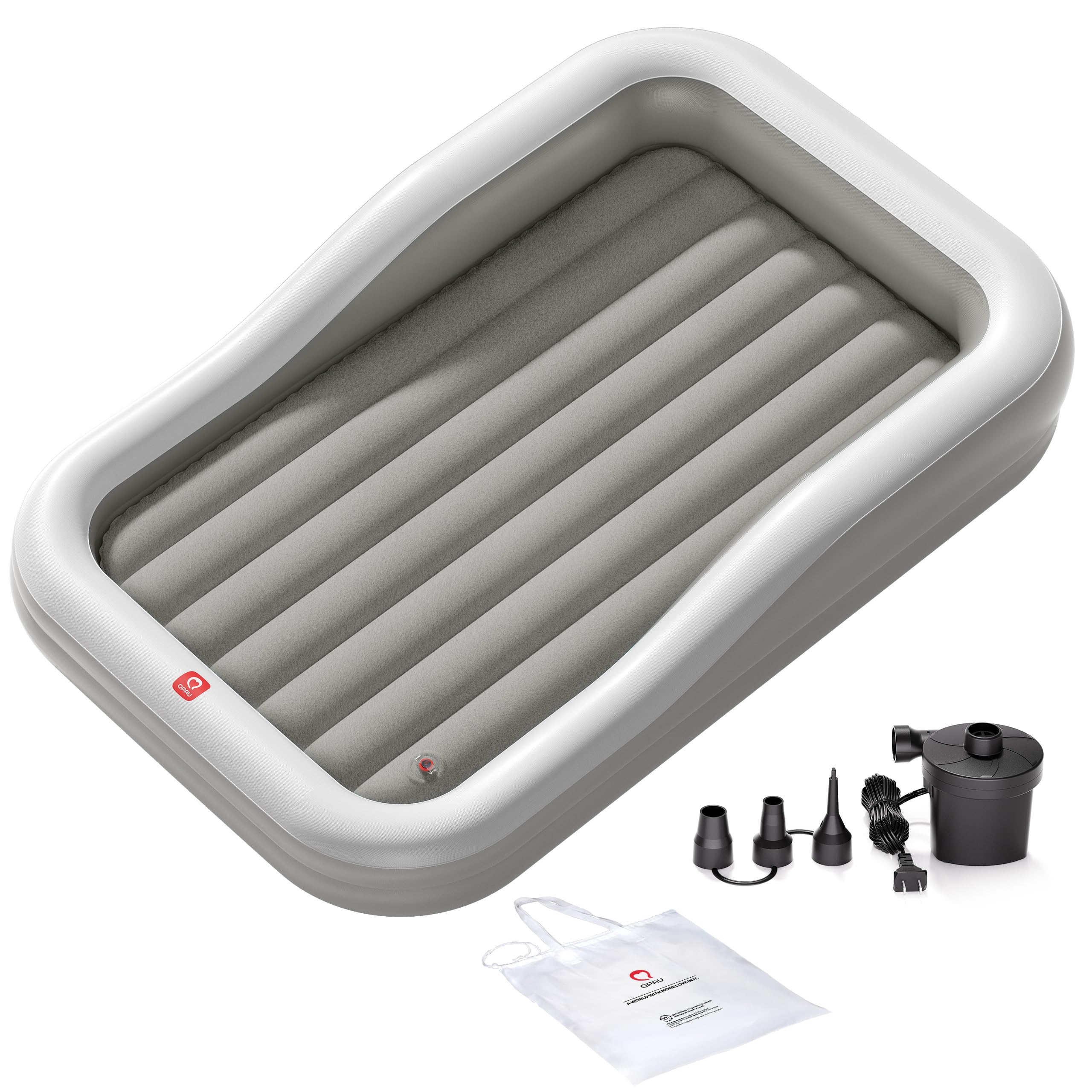 QPAU Inflatable Toddler Travel Bed with 3-Sided, Extra Large, Gray | Portable Ki