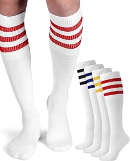 Shihanee 4 Pairs Striped Tube Socks for Men School Cotton Athletic Triple Stripe Knee High Sock Size 10-13