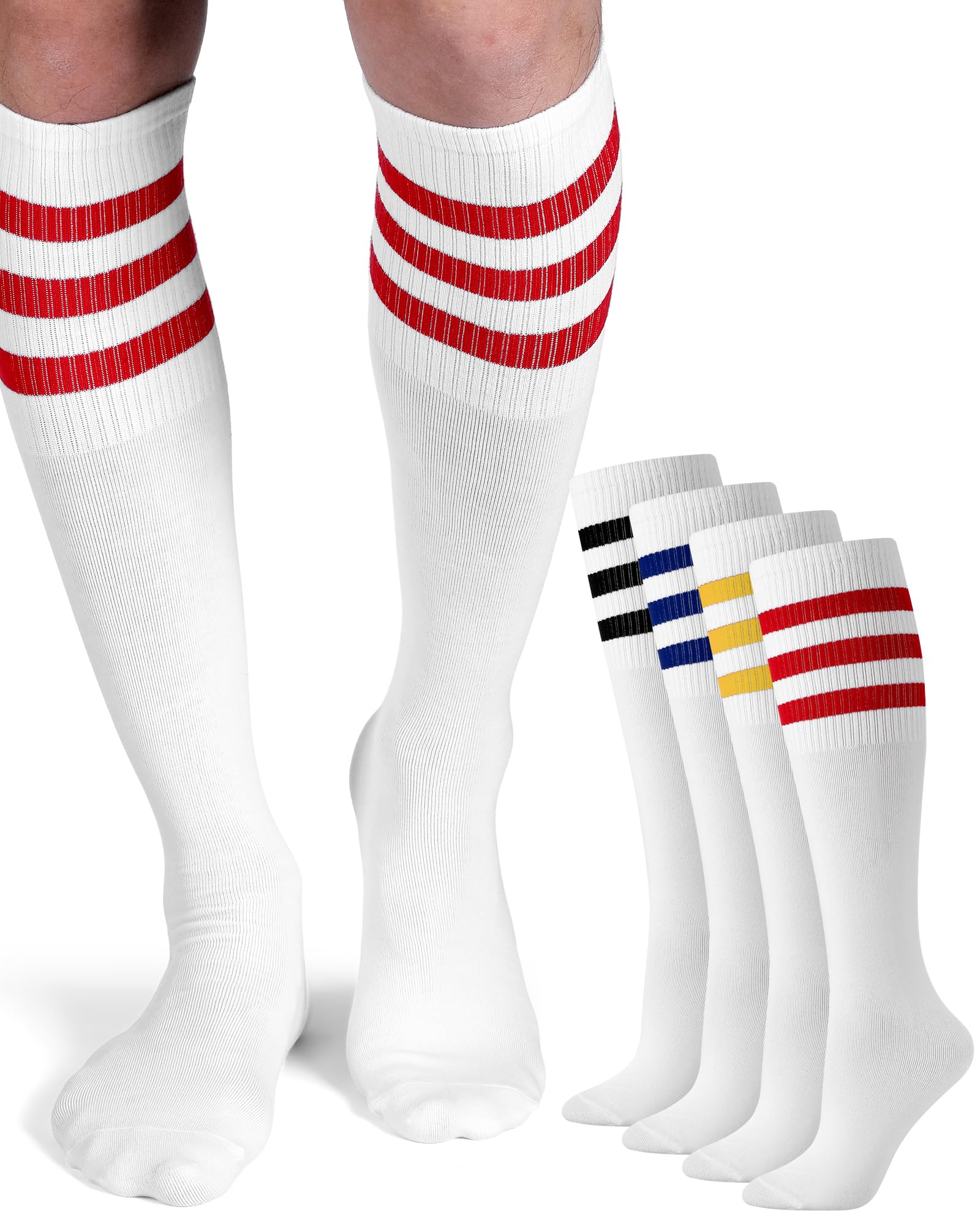 Shihanee 4 Pairs Striped Tube Socks for Men School Cotton Athletic Triple Stripe
