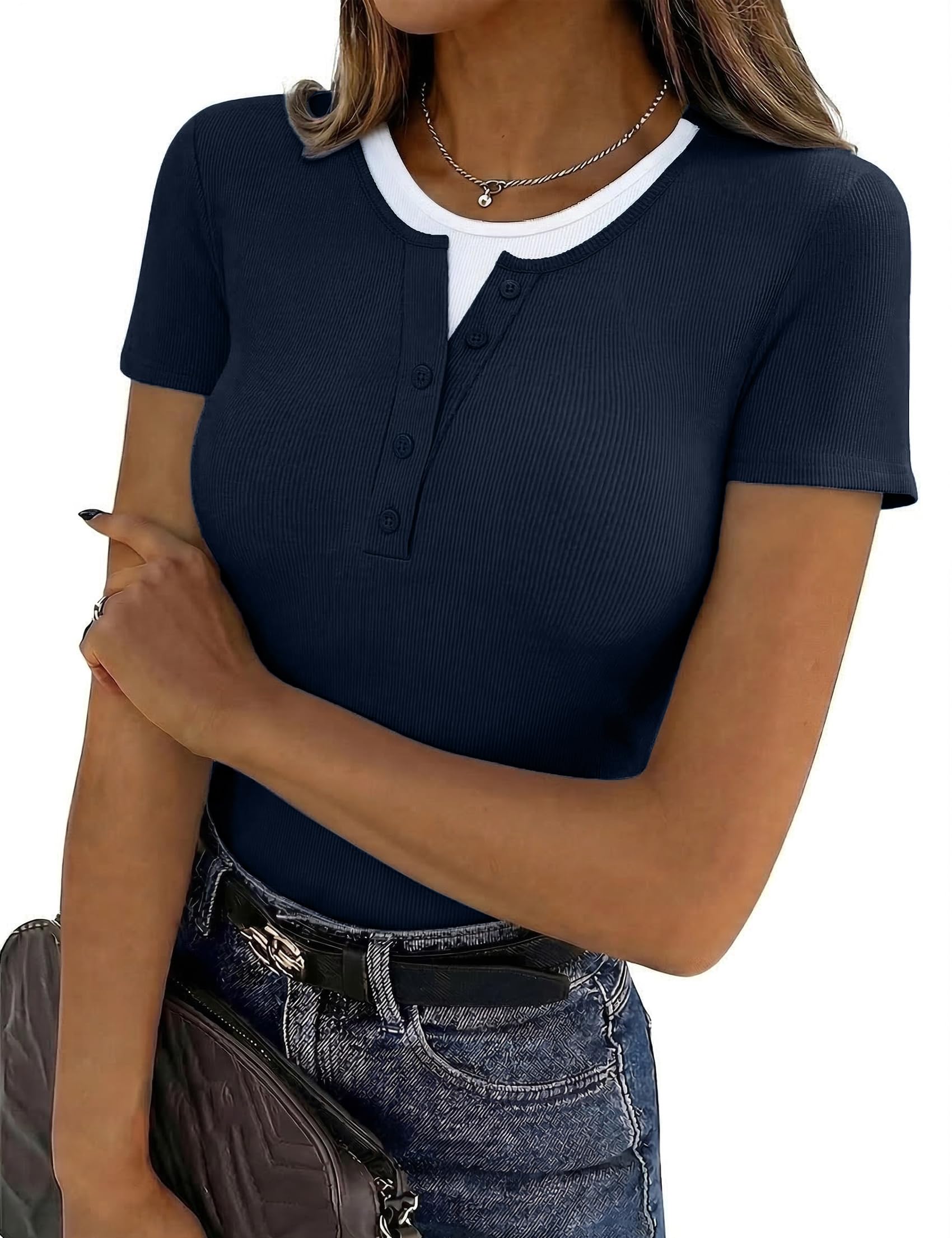T Shirt Women's Decorative Buttons Round Neck Short Sleeve Casual Summer T-Shirt