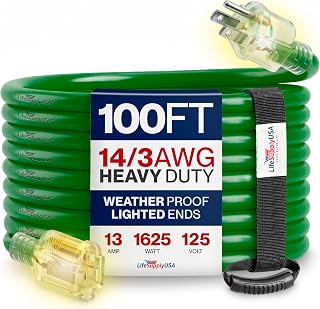 100ft Outdoor/Indoor Extension Cord 14/3 Gauge Heavy Duty 3 Prong SJTW, Waterproof, Flexible Cold-Resistant Long Power Cord,13A 125V 1625W, Green by LifeSupplyUSA