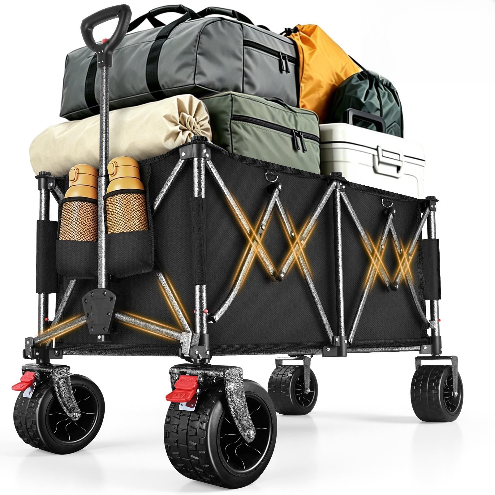 YEAUPE PRO Folding Beach Cart with Wide Wheels and Brakes 195L Black