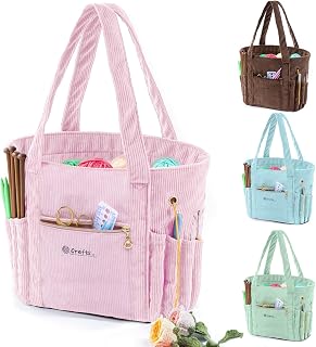 MYBAGZING Corduroy Crochet Bag 11.5" Large Yarn Storage Tote with Grommets | Knitting project bag with needle holders and organizer pockets for crochet hooks, accessories; gift for knitters &amp; crafters