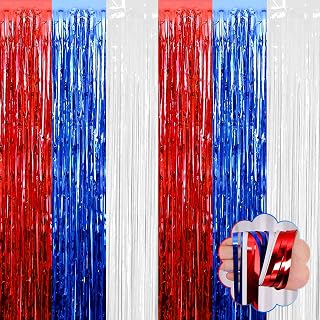 8 Pack Red White Blue Tinsel Foil Fringe Curtain Backdrop, 3.28Ft x 8.2Ft Metallic Streamers for Photo Booth, Birthday, Wedding, Thanksgiving Day, Christmas, Birthday, Halloween Party Decorations