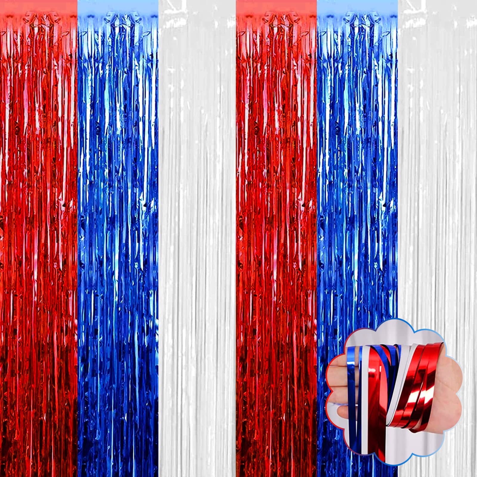 8 Pack Red White Blue Tinsel Foil Fringe Curtain Backdrop, 3.28Ft x 8.2Ft Metall