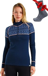 100% Merino Wool Quarter Zip Sweater Women - Thermal Base Layer with Socks