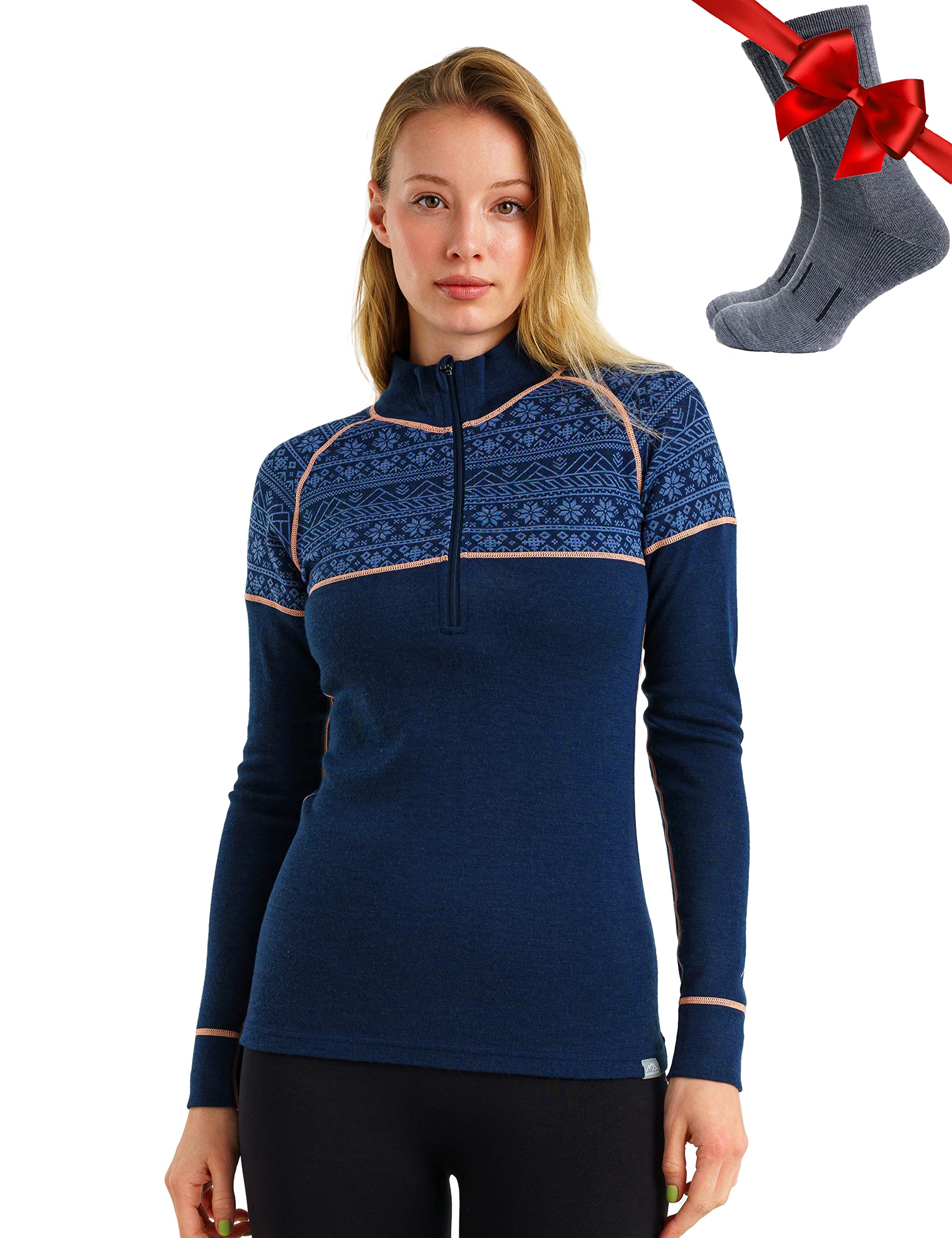 100% Merino Wool Quarter Zip Sweater Women - Thermal Base Layer with Socks
