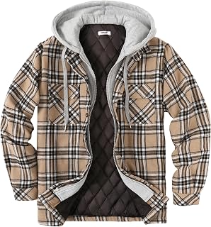 COOFANDY Men's Flannel Plaid Shirt Jacket Hooded Quilted Lined Shacket